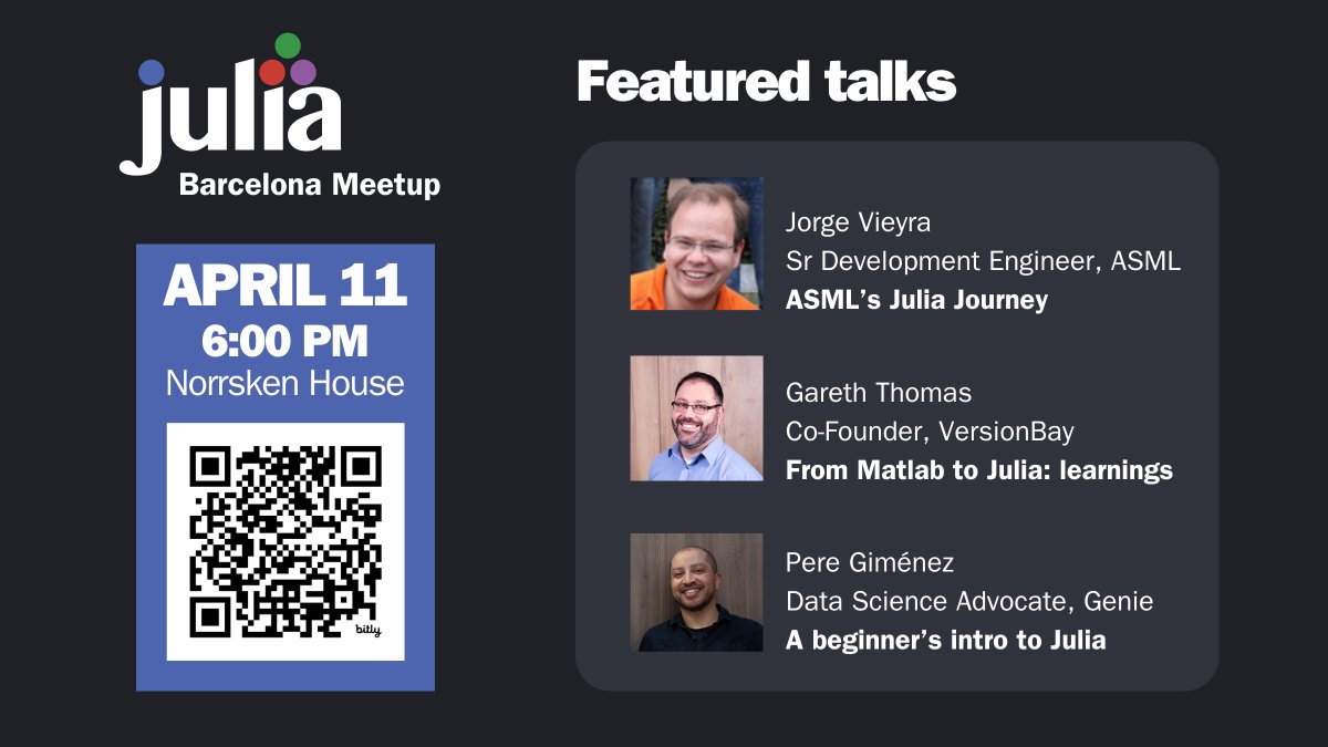 Excited to sponsor the upcoming #JuliaLang Meetup in Barcelona, April 11 at Norrsken! 

New or seasoned in Julia? Join us for talks, including insights from <a href="/ASMLcompany/">ASML</a>'s Julia Journey.

📅 RSVP now to secure your spot:
meetup.com/barcelona-juli…

#Meetup #Barcelona #OpenSource