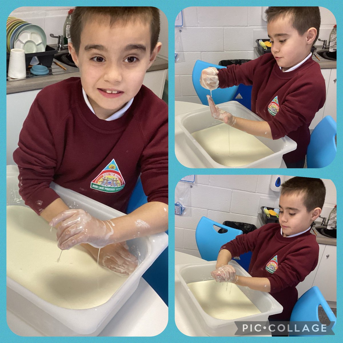 This little superstar has enjoyed helping to make some gloop this morning! He loved the feeling of it running through his fingers and watching it pour! @MabLanePri #sensoryplay