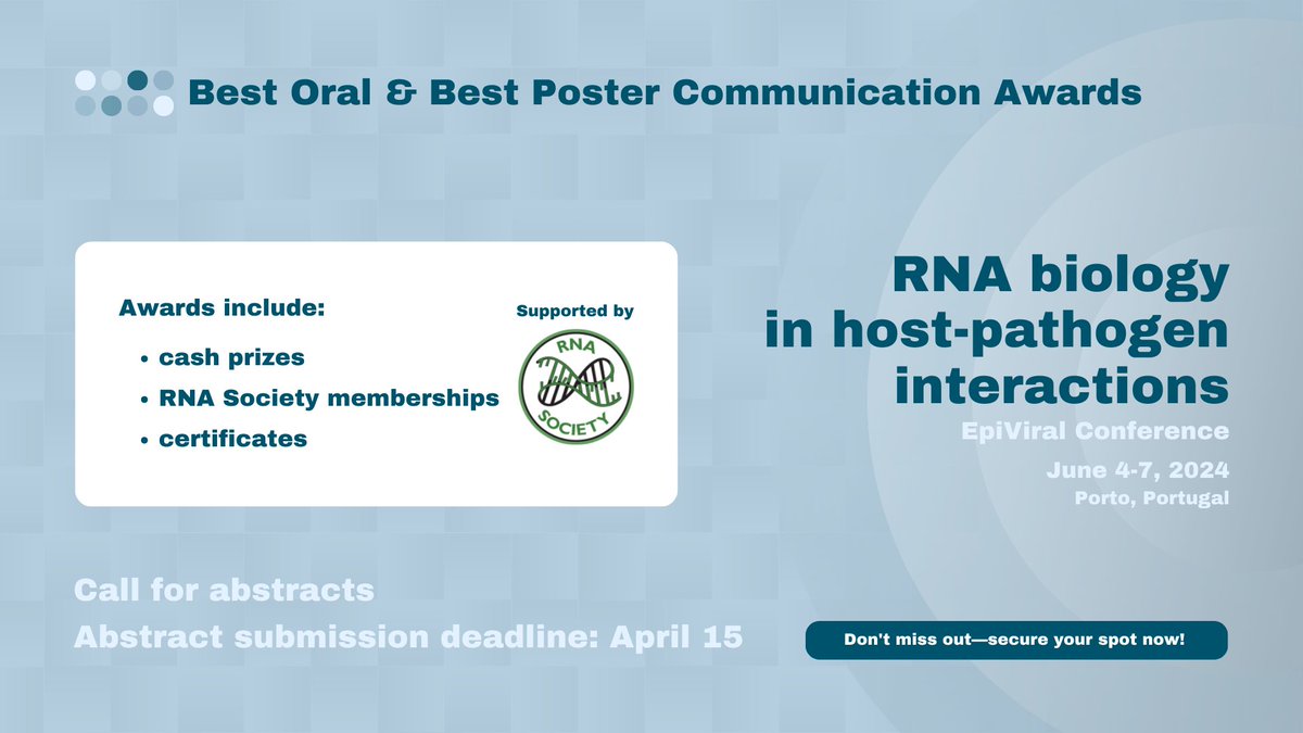 📣Happy to announce
With the support of <a href="/RNASociety/">The RNA Society</a> we will distinguish #ResearchExcellence at #RNAHostPath🎖️

📝Submit your abstract until April 15
📌Conference on "RNA biology in host-pathogen interactions"
📆Jun 4-7 '24, Porto 🇵🇹

More info: bit.ly/RNAHostPath