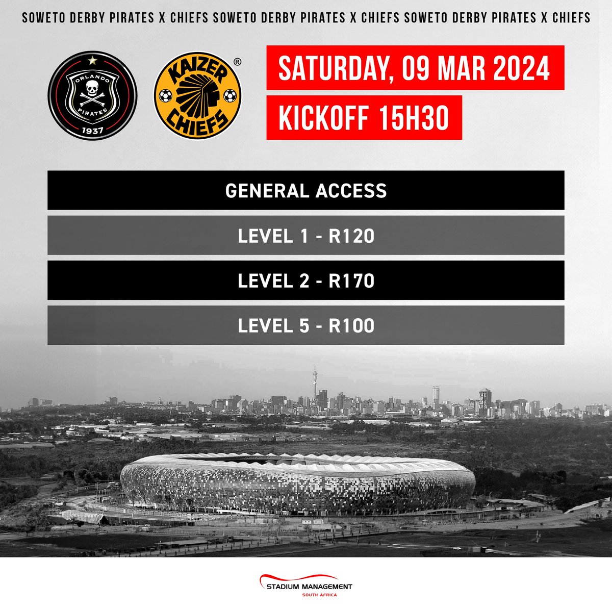 General access tickets for Saturday’s DStv Prem fixture, the Soweto Derby at FNB Stadium this Saturday, kicking off at 15:30, are available for purchase at ticketpros.co.za. Get yours! #smsa #fnbstadium #sowetoderby