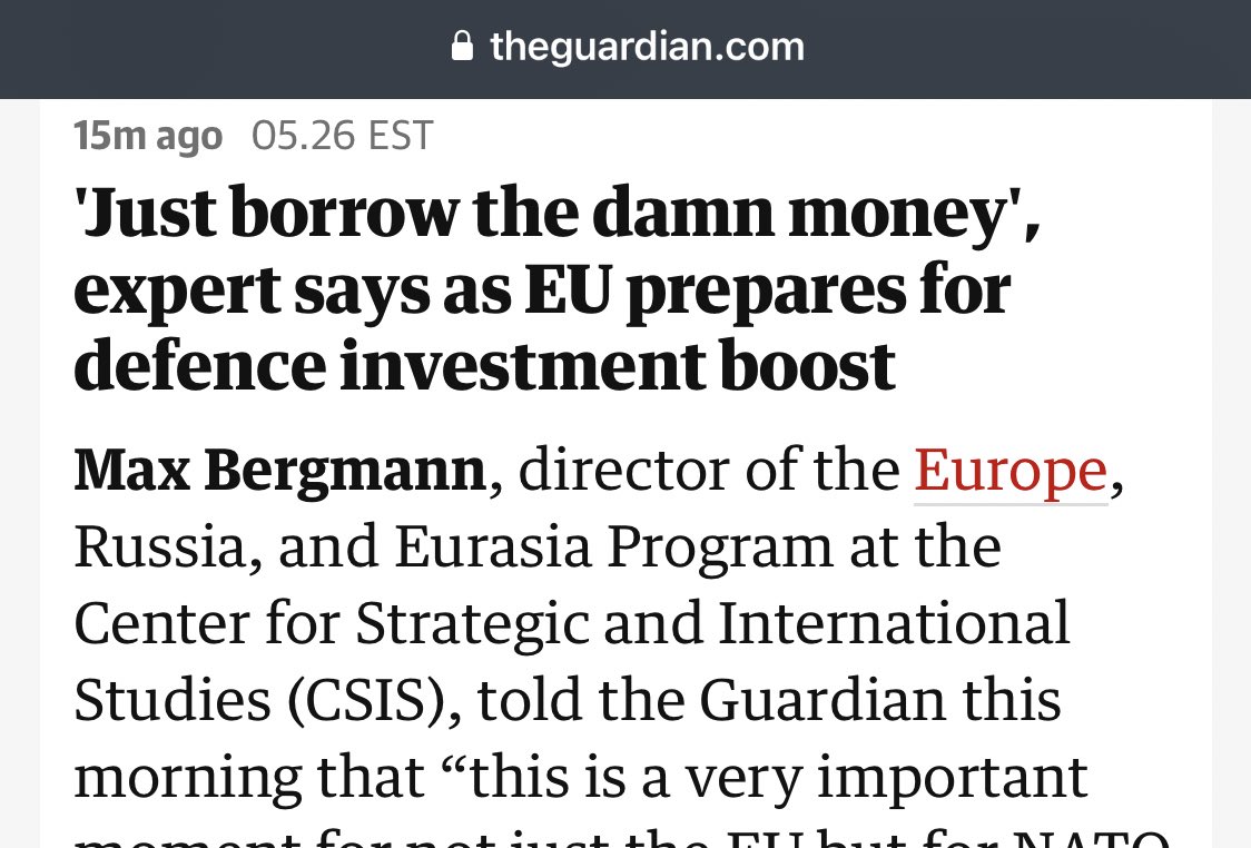 I’ve done lots of in depth wonky think tank analysis on European defense but ultimately it all boils down to “just borrow the damn money.” Thanks to @liliebayer for reaching out. theguardian.com/world/live/202…