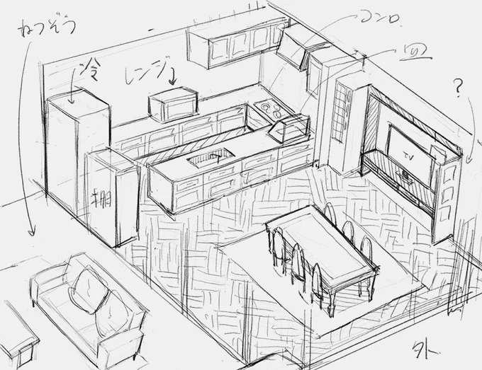 私も漫画描くために獅子神さん家の図を書き起こしたんだけど、みんな勝手にソファ追加してて笑った いやソファ無いといろいろ不便なんですよね…あとTVの右側の壁なに・・? 