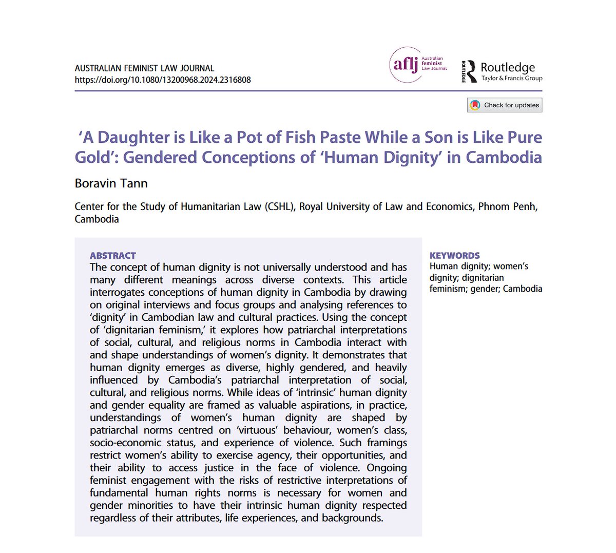 ⚡️NEW ARTICLE⚡️

Check Boravin Tann's, from Royal University of Law and Economics, article ‘A Daughter is Like a Pot of Fish Paste While a Son is Like Pure Gold’: Gendered Conceptions of ‘Human Dignity’ in Cambodia.

Read online here 👉 👉  tinyurl.com/3eyew964