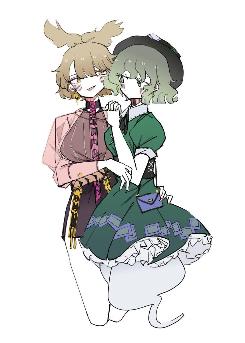 soga no tojiko ,toyosatomimi no miko multiple girls 2girls ghost tail green dress hat green hair white background  illustration images