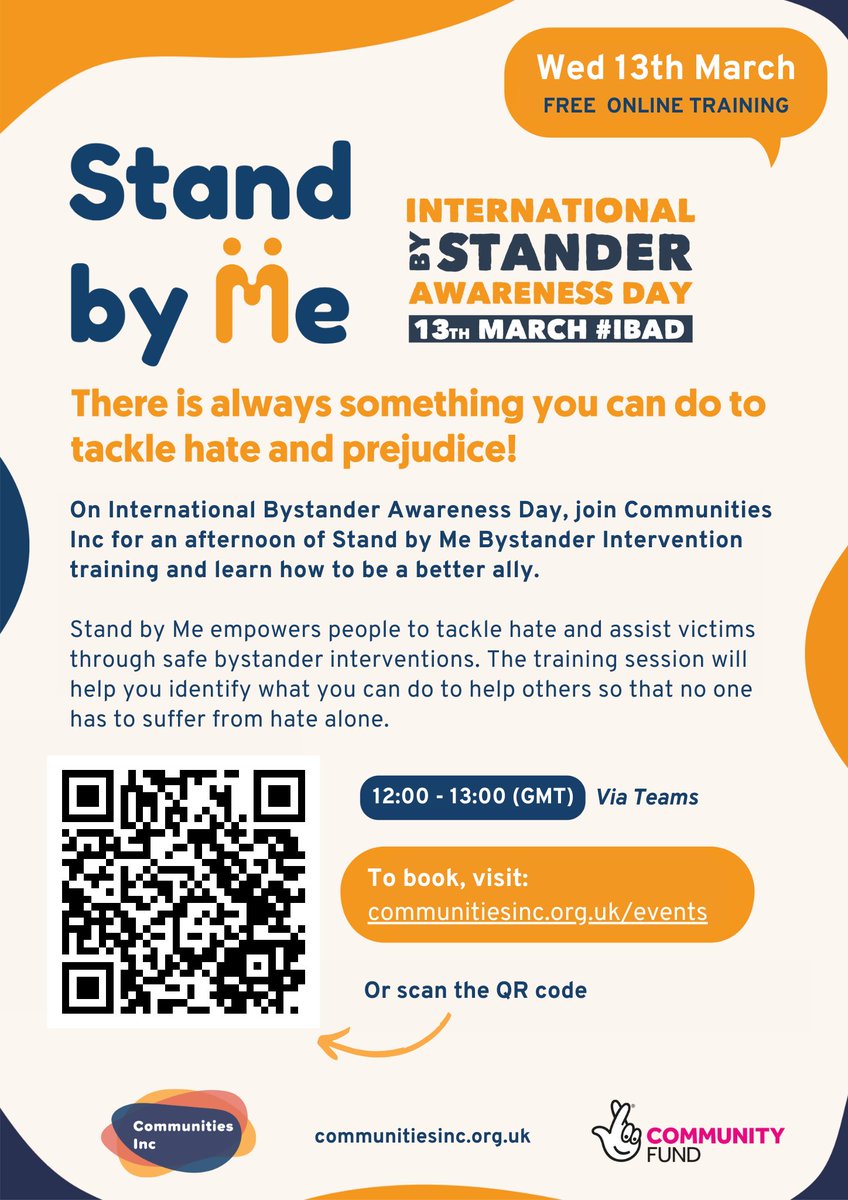 📢 FREE Bystander Intervention training! 📢

🌎 As part of International Bystander Awareness Day, we are offering an online Bystander Intervention session on 13th March 12-1pm 💬

📲 BOOK HERE: eventbrite.co.uk/e/852857127627…

#StandbyMe #IBAD #BystanderIntervention