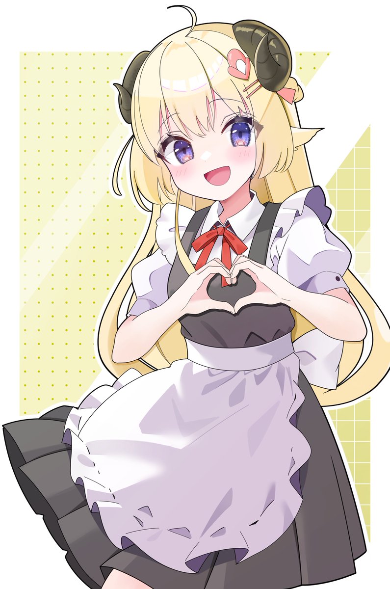 tsunomaki watame 1girl solo heart hands blonde hair horns long hair apron  illustration images