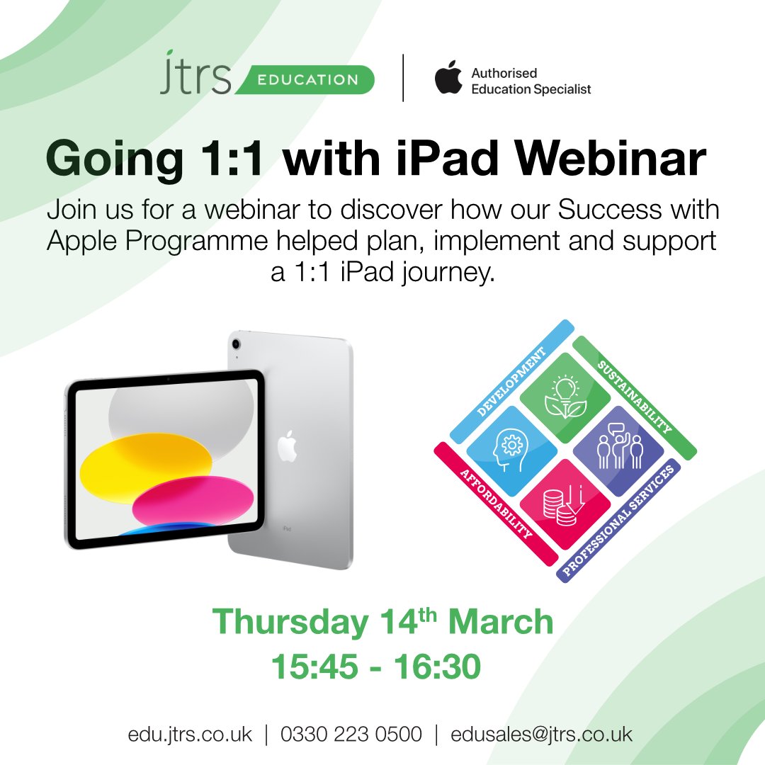 Discover how our Success with Apple Programme can support a 1:1 iPad deployment!

Register here: edu.jtrs.co.uk/event/going-1-…