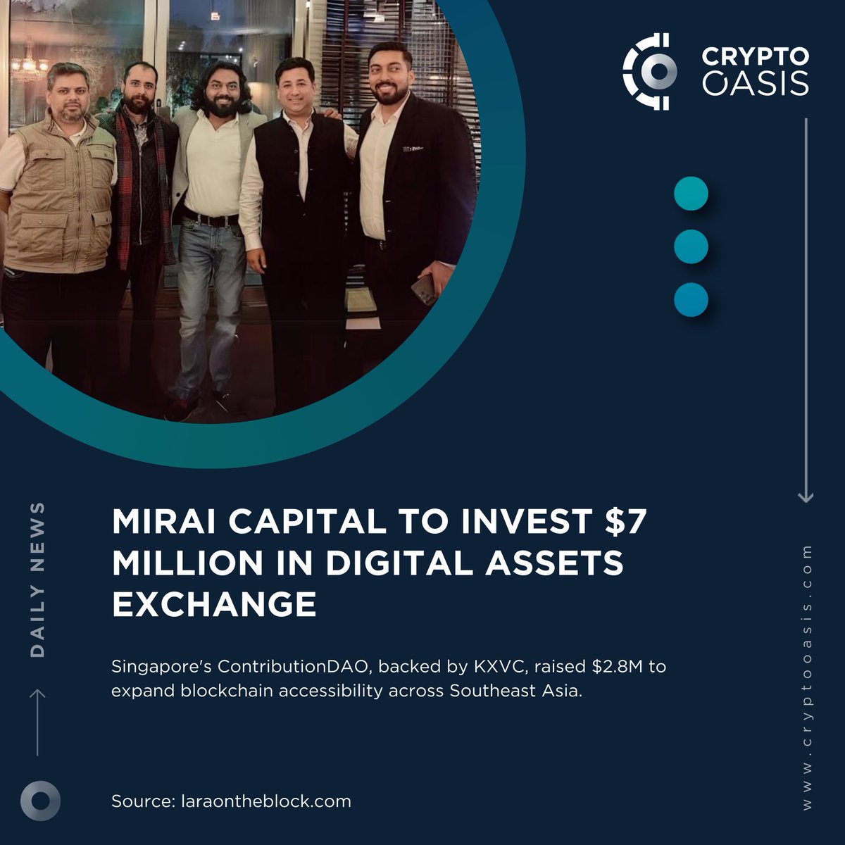 📢 Crypto Oasis Daily News MIRAI Capital Global, with esteemed family  offices, injects $7M into @DigiMaaya, bolstering UAE & MENA fintech. The  move democratizes finance via advanced tech. https://t.co/Hc9APmtxRF  @laraonzeblock