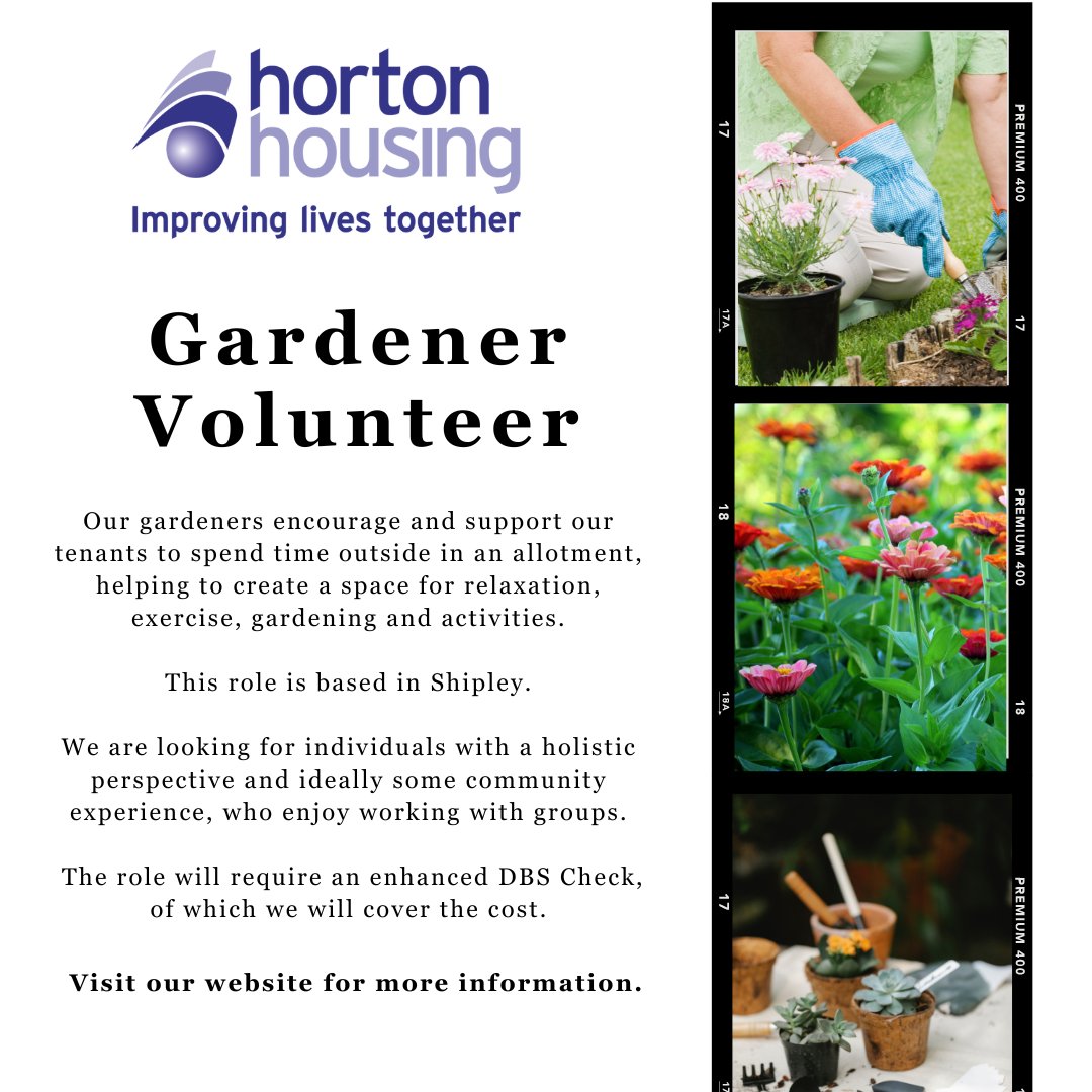 New #volunteering opportunity! #Gardener Volunteer You will encourage and support our tenants based in our scheme based in #Shipley to spend time out in the allotment. For more information and to apply, visit the link below. hortonhousing.co.uk/volunteer/