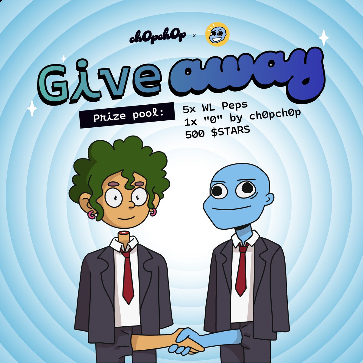 🔥 <a href="/ch0pch0pNFT/">ch0pch0p</a> x <a href="/PEPSVIBE/">PEPS</a> Giveway Alert 🔥

🎁 Prize pools:
5x WL Peps
1x "0" by ch0pch0p
500 $STARS

How to receive ⬇️:
✅ Follow <a href="/ch0pch0pNFT/">ch0pch0p</a> &amp; <a href="/PEPSVIBE/">PEPS</a> 🔔
✅ Like ❤️ + Retweet 🔁 + Tag 2 friends
✅ Flex the freshly minted ch0pch0p that you love👇🏻!

Picking winners in 24H ⏳