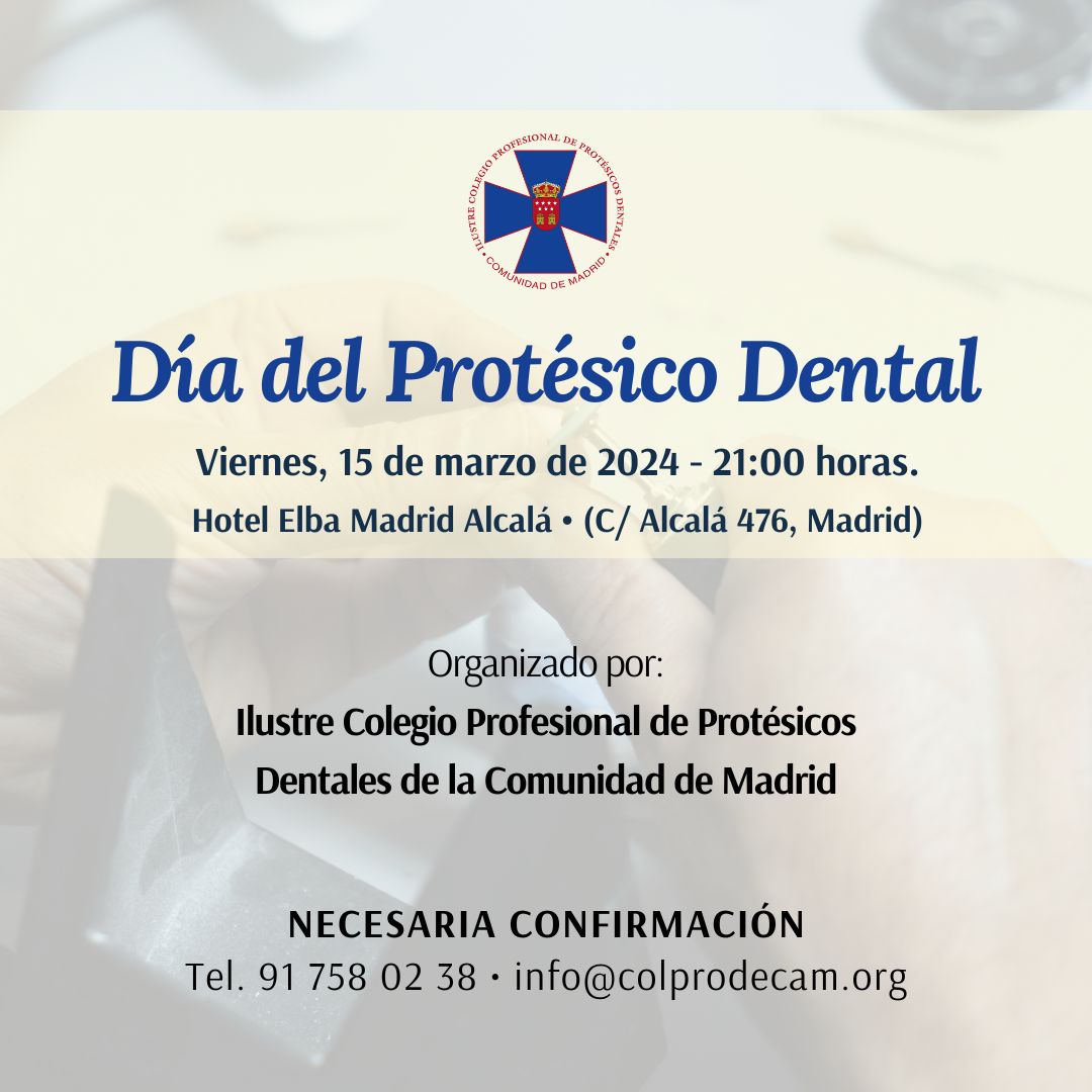 ColProt's tweet image. Un año más, celebramos con orgullo el #DíadelProtésico, junto a todos los profesionales colegiados de la C. de Madrid.

📅15 de marzo
📍Hotel Elba Madrid Alcalá
🕘21:00 horas

Brindemos juntos por el pasado, presente y futuro de nuestra profesión.

*Necesaria confirmación.