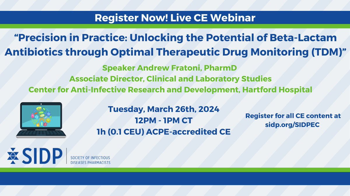 Beta-lactam TDM on your mind? Register today for this live CE webinar to learn more about optimizing TDM for this class of antibiotics! Visit buff.ly/3uRyMUC to learn more.