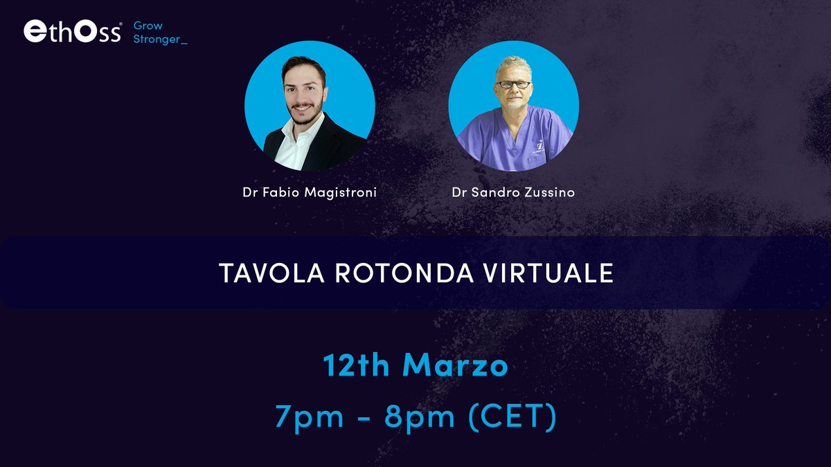 EthossCo's tweet image. Manca solo una settimana al seminario virtuale EthOss! 

Impara da clinici esperti, approfondisci casi di studio reali e discuti le ultime novità in materia di innesti ossei. 

REGISTRATI ORA! - hubs.la/Q02mcjTS0

#ethossvirtualseminer #dentalbonegraft #ethossbonegraft