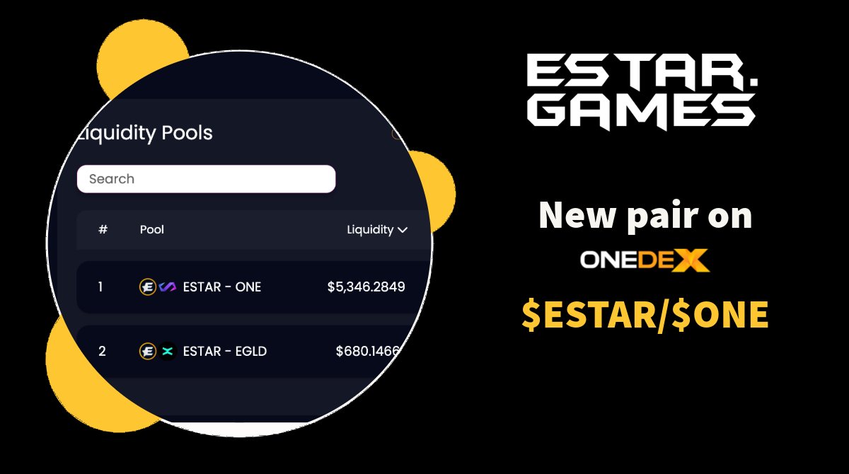 EstarToken's tweet photo. 🚀 Thrilled to announce new liquidity pair for #ESTAR!

$ESTAR / $ONE is now live on @OneDex_X 

Dive into the liquidity pool, and let's make waves together! 🌊 

#DeFi #ESTARGames #OneDEX #MultiversX #MultiversXNFTs https://t.co/PgIW32EDU0