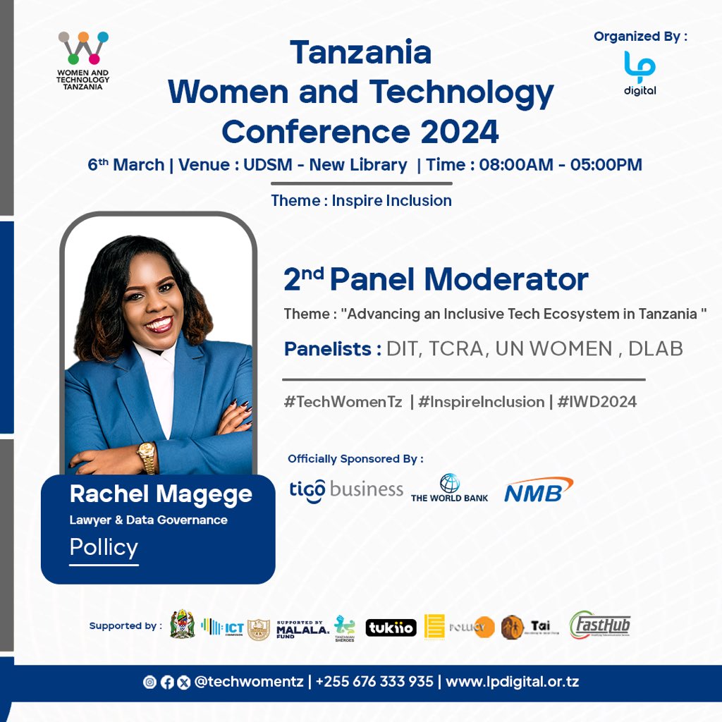 #TechWomenTz Introducing our 2nd panel moderator, @RachelMagege , a Lawyer and Data Governance expert from @PollicyOrg , who will lead the second panel discussion themed
'Advancing an Inclusive Tech Ecosystem in Tanzania!'

 #InclusioninTech #IWD24