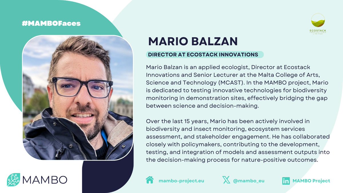 MAMBO Project (@mambo_eu) on Twitter photo 👉Next in our #MAMBOFaces campaign is <a href="/mariobalzan/">Mario Balzan</a>, the Director of <a href="/ecostacking/">Ecostack Innovations</a> and a lecturer at <a href="/MCASTmt/">MCAST</a>.🌿His expertise plays an important role in the process of #testing new #tech for #biodiversity monitoring and seamlessly connecting #science and decision-making.🤝 👉Next in our #MAMBOFaces campaign is <a href="/mariobalzan/">Mario Balzan</a>, the Director of <a href="/ecostacking/">Ecostack Innovations</a> and a lecturer at <a href="/MCASTmt/">MCAST</a>.🌿His expertise plays an important role in the process of #testing new #tech for #biodiversity monitoring and seamlessly connecting #science and decision-making.🤝