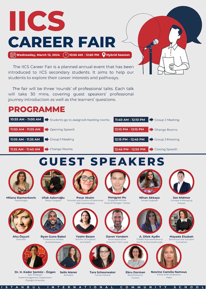 We are excited to extend a warm invitation to you for the Annual Career Fair (Hybrid) hosted IICS. This event will take place on Wednesday, 13th March 2024, from 10:55 AM to 12:50 PM.

#iics #istanbulinternationalcommunityschool #careerfair
#iicssince1911