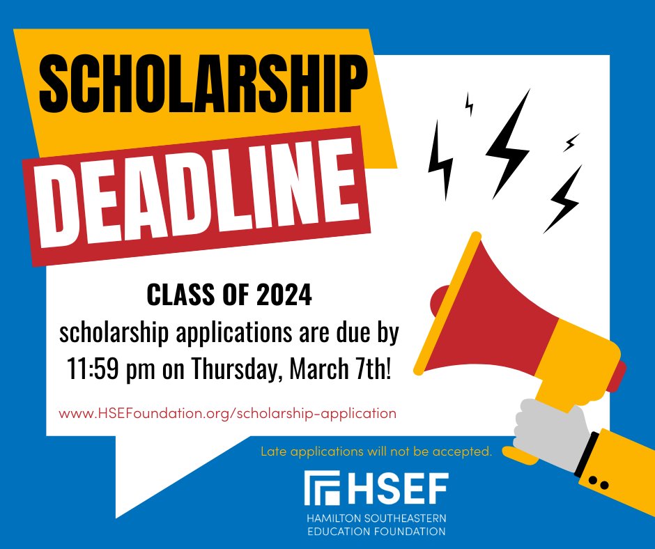 Last call for scholarships! All 2024 HSEF scholarship applications are due by 11:59 pm on THURSDAY! Don't miss out on nearly 40 different scholarship opportunities. No late applications will be accepted, so get those letters of reference in now! HSEFoundation.org/scholarship-ap…