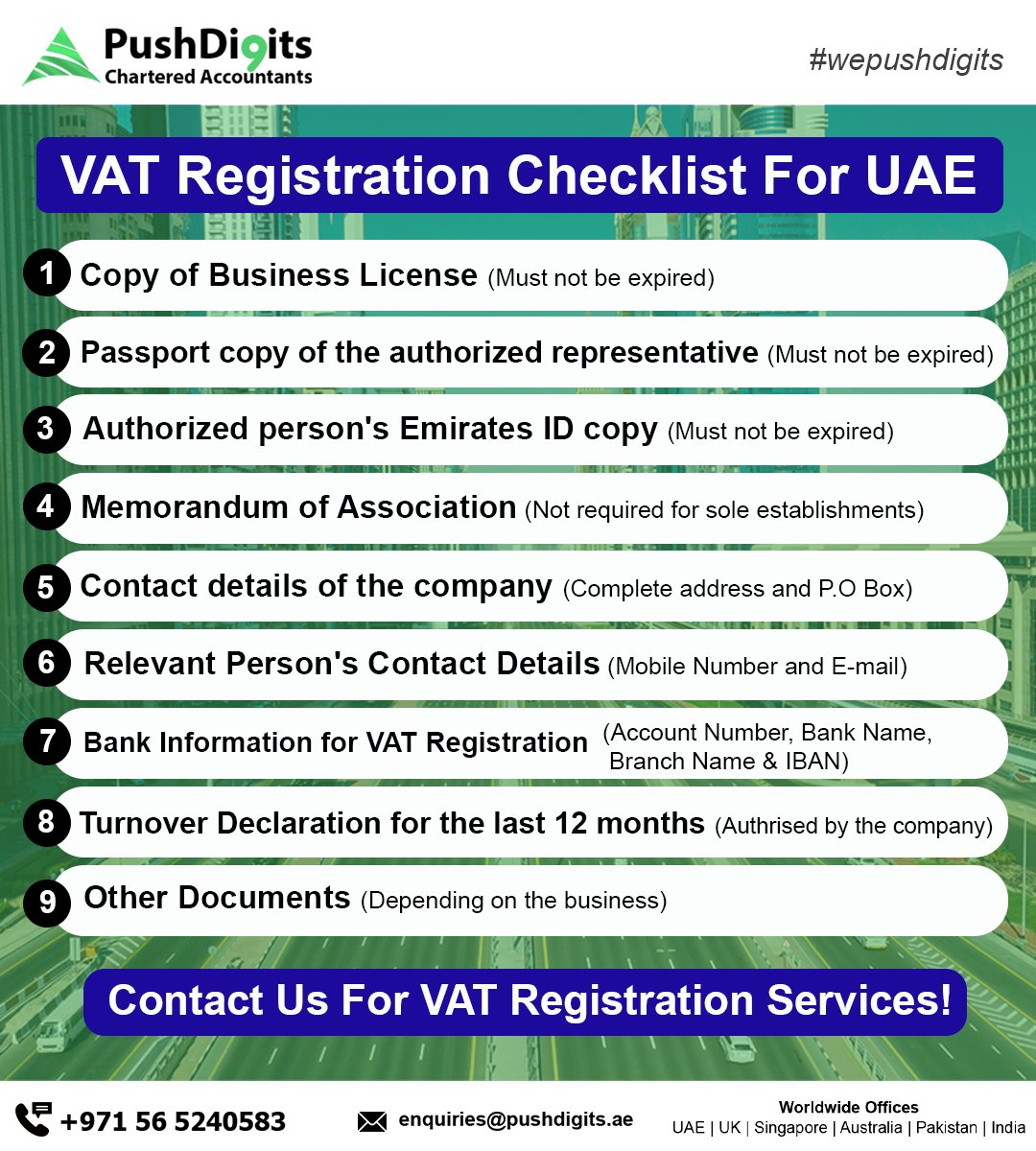 Don’t let VAT registration overwhelm you in the UAE! With Push Digits, you’re in good hands. Our detailed checklist ensures nothing slips through the cracks. Let’s make compliance easy together.

pushdigits.ae

#vatregistration #uaevat #vatuae #taxregistration