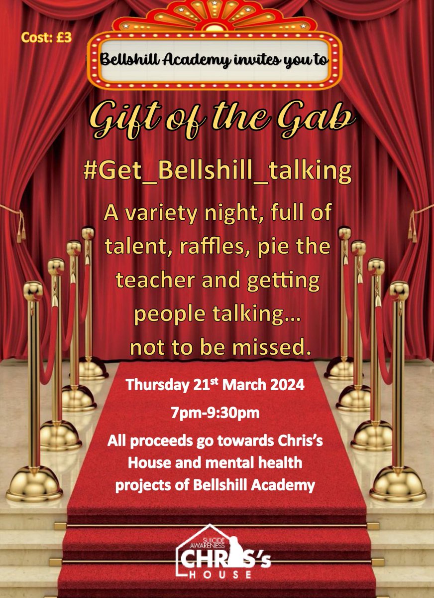 Gift of the Gab… #Get_Bellshill_Talking Ticked on sale now…. £3 adults, £2 children… not to be missed. @BellshillA #SuicidePrevention #MentalHealthAwareness