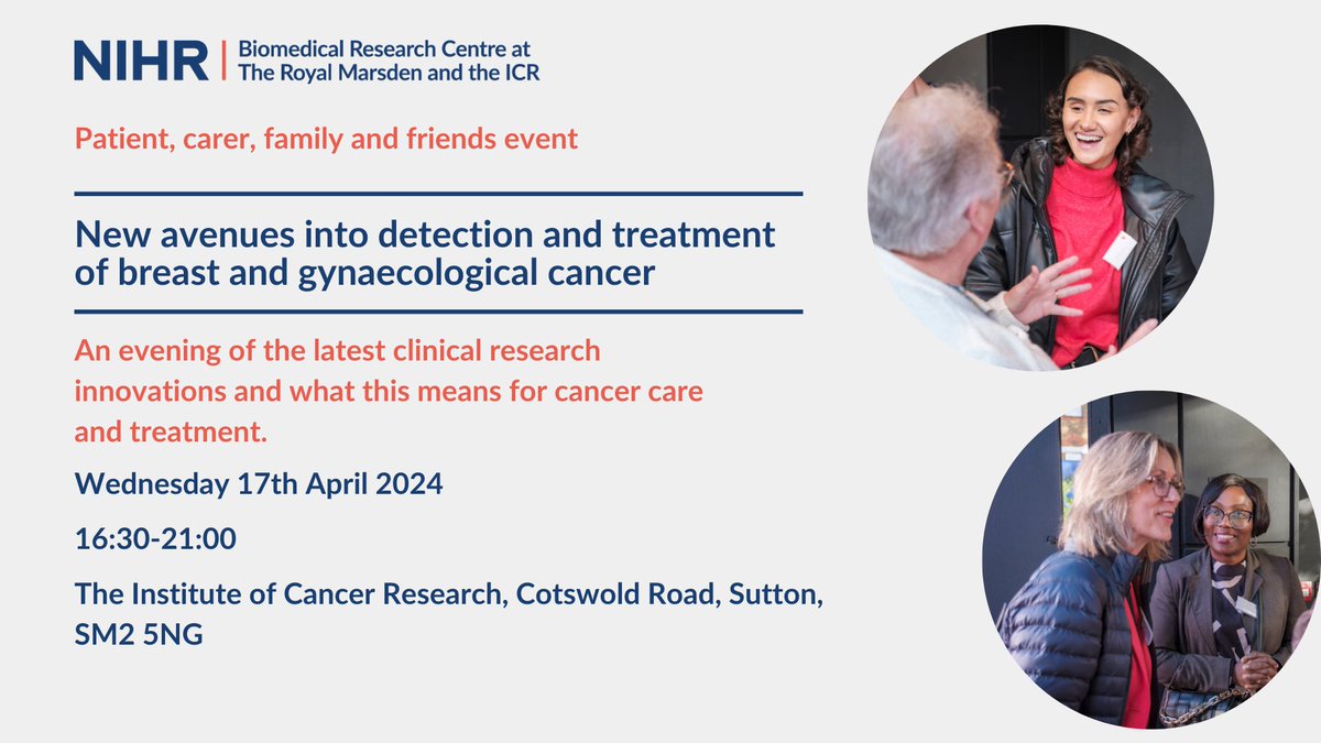 We are hosting an event and would like you to join us: 

'New avenues into detection and treatment of breast and gynaecological cancer'

📅 Wednesday 17th April 2024
🕟16:30-21:00
📌The Institute of Cancer Research

To register follow this link: 
cancerbrc.org/news-events/ev…