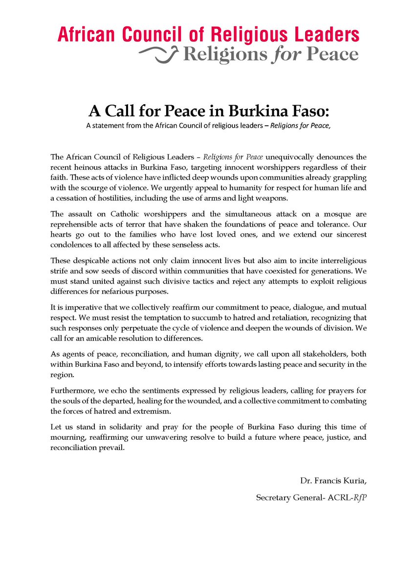 .<a href="/acrl_rfp/">African Council of Religious Leaders</a> calls for peace in Burkina Faso, with Over 170 lives lost in attacks, including innocent women and children. We appeal for restraint. There are nearly 20,000 casualties and millions displaced, urgent action is imperative to halt this cycle of suffering.   #Peace