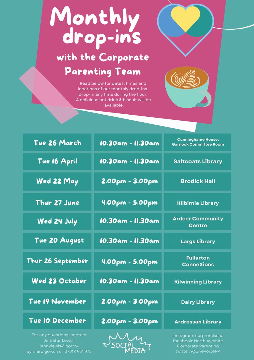 Join us for our monthly drop-in on Tuesday 16th April at Saltcoats Library. The drop-in is open to ALL NAC employees. Come along, meet the team and enjoy a hot drink & biscuit ☕️ For more info and for dates/locations 👇