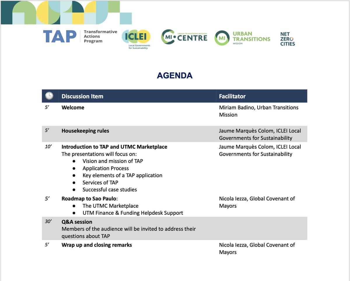 ✨ A few hours left until the second session of the TAP webinar dedicated to the #urbantransitions community.
Curious what to expect? You can find the Agenda of the event bellow.
Make sure to participate by registering for event - utmc.app/event-121
See you soon! 🙌
