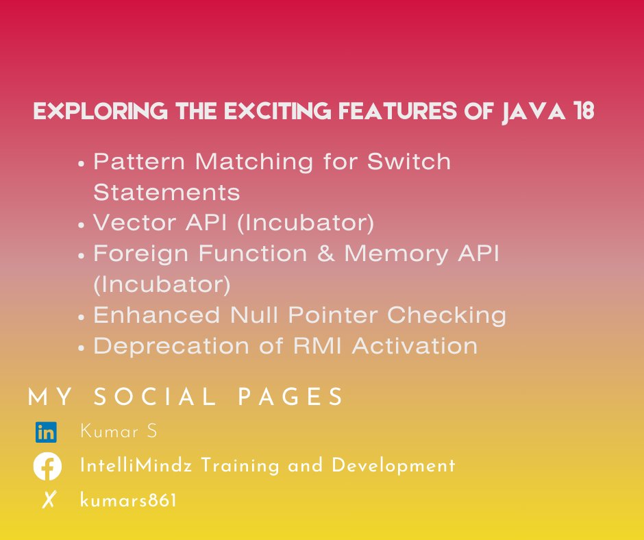 kumars861's tweet image. Dive into Java 18's Latest Features! Discover the cutting-edge updates and enhancements that are revolutionizing Java development.
#Java #Java18 #Programming #SoftwareDevelopment #TechNews #DeveloperCommunity #CodeNewbie #TechTrends #Innovation #JavaProgramming