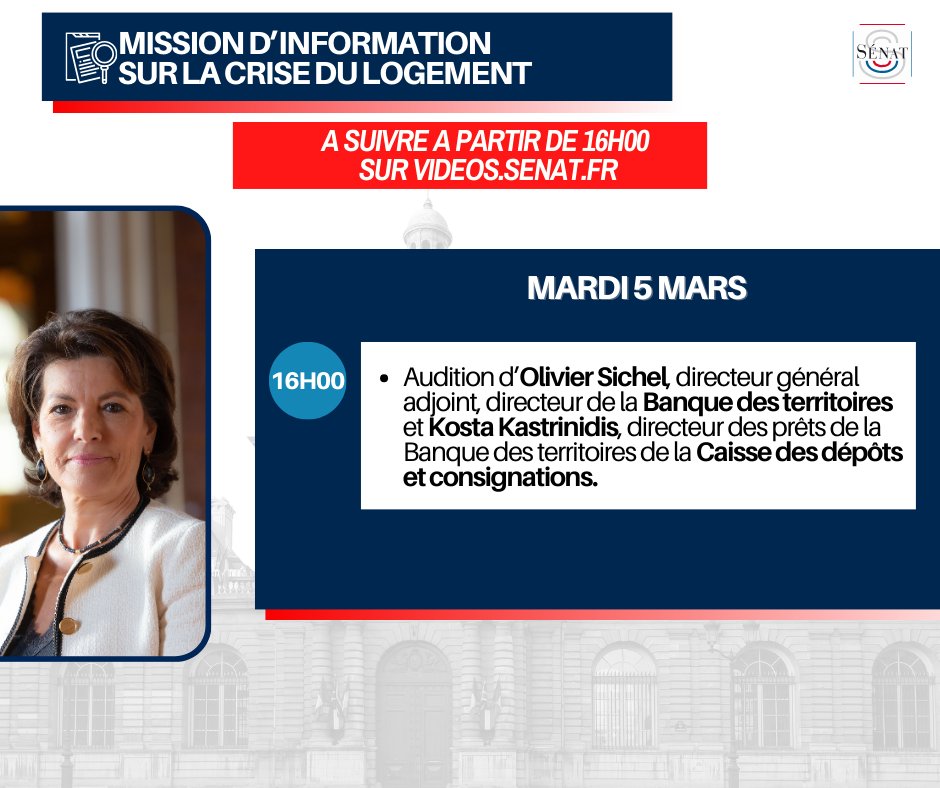 Dominique Estrosi-Sassone (@dominiq_estrosi) on Twitter photo 🏠 Mission d’information sur la crise du logement: audition de la <a href="/caissedesdepots/">Caisse des Dépôts</a> et consignations et de la <a href="/BanqueDesTerr/">Banque des Territoires</a> acteur majeur de la politique du #logement et de la #construction.
Une vision de financeur et d’acteur fortement attendue.
🔗 videos.senat.fr/index 🏠 Mission d’information sur la crise du logement: audition de la <a href="/caissedesdepots/">Caisse des Dépôts</a> et consignations et de la <a href="/BanqueDesTerr/">Banque des Territoires</a> acteur majeur de la politique du #logement et de la #construction.
Une vision de financeur et d’acteur fortement attendue.
🔗 videos.senat.fr/index