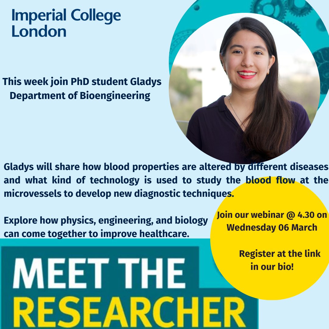 📢There's still time to sign up to this week's Meet the Researcher! Join Gladys from @ImperialBioeng and explore how physics, engineering and biology can come together to improve healthcare! ➡️imperial.ac.uk/be-inspired/sc…