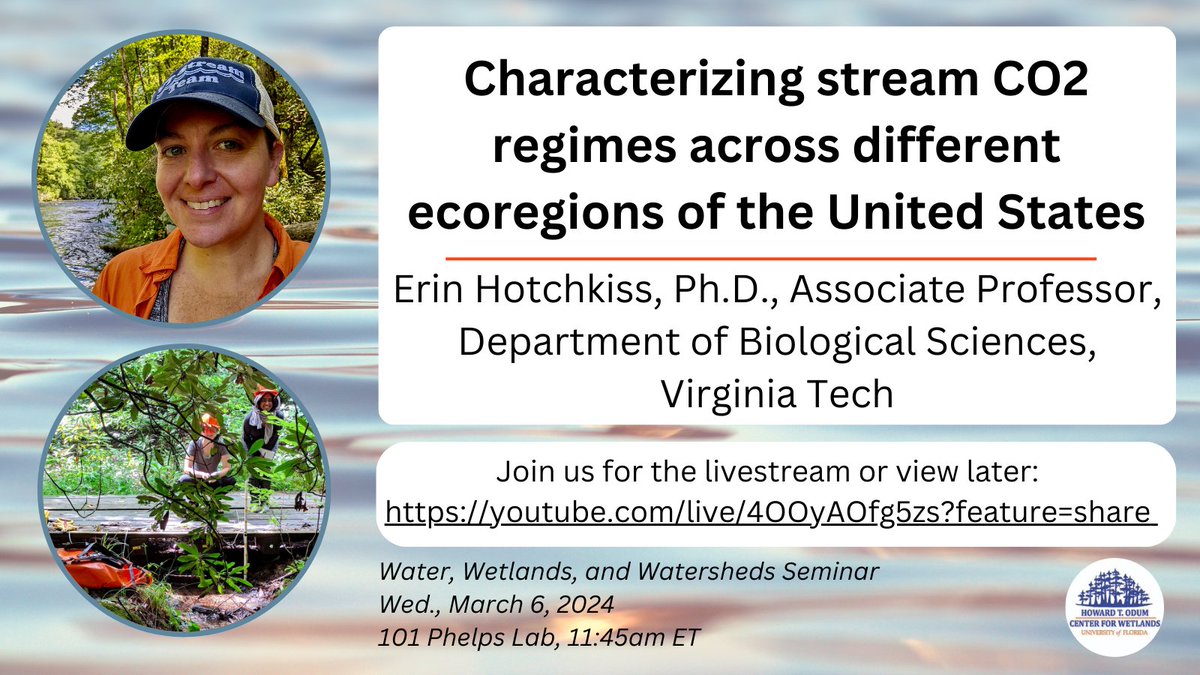 UF Howard T. Odum Center for Wetlands (@ufwetland) on Twitter photo What are the patterns of CO2 in streams over different time periods? Join us tomorrow at 11:45 ET for the next #W3seminar with <a href="/FluvialBenthos/">Erin Hotchkiss</a>, who will share results from her research to characterize CO2 regimes in five ecoregions of the U.S.!
youtube.com/live/4OOyAOfg5… What are the patterns of CO2 in streams over different time periods? Join us tomorrow at 11:45 ET for the next #W3seminar with <a href="/FluvialBenthos/">Erin Hotchkiss</a>, who will share results from her research to characterize CO2 regimes in five ecoregions of the U.S.!
youtube.com/live/4OOyAOfg5…