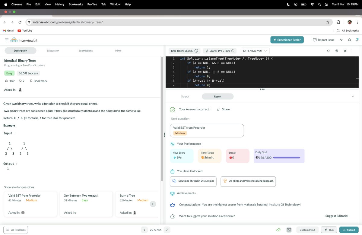 _lipika's tweet photo. Hello!                            
Just completed #Day64 of #365DaysofCode Challenge with @scaler_official
Today's Question👩‍💻: Identical Binary Trees        
Join Scaler Discord community: https://t.co/d25QTFPrPp 
#scalerdiscordcommunity 
#codewithscaler 
#365daysofcodescaler https://t.co/MHdGboipMN