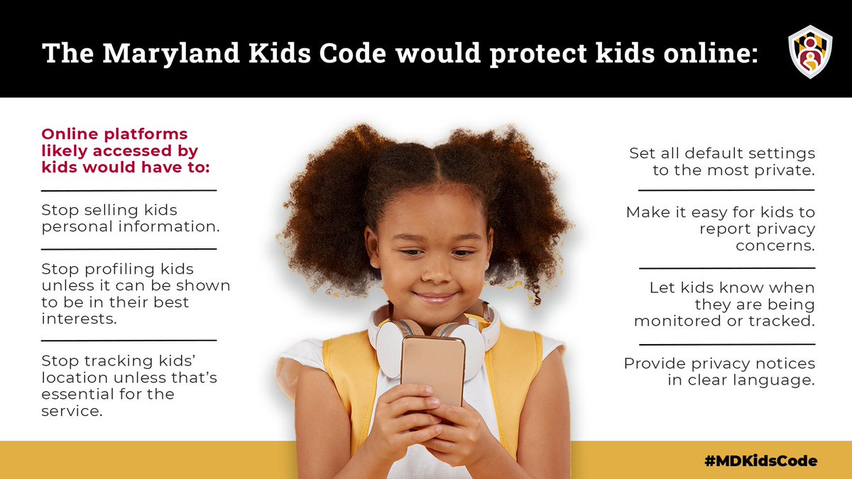 5RightsFound's tweet image. Every day, kids are nudged to give up their privacy, offered harmful material, and exposed to risky contacts and behaviors online. But Maryland can hold Big Tech companies responsible for protecting kids’ safety and privacy online with the #MDKidsCode: MarylandKidsCode.com
