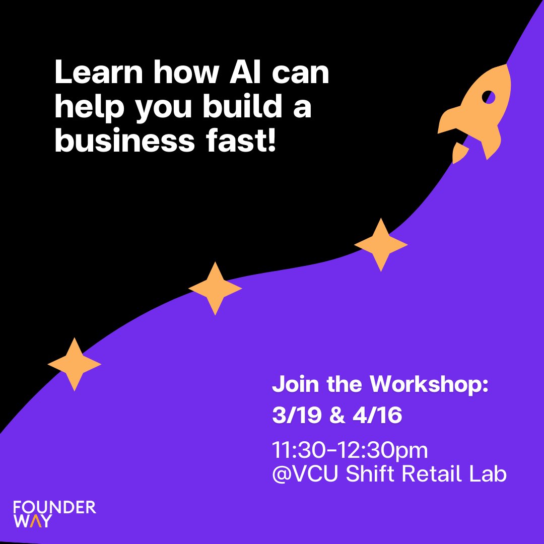FounderWayAI's tweet image. Looking to start a business and want to do it fast?

Join our founder, to learn:
 🪜 4 steps to from idea to first customer
🤖  Use AI to move faster
💸  Keep your costs down

Workshop info:
3/19 &amp;amp; 4/16
11:30-12:30pm
at VCU Shift

@vcu_shift @vcudavinci
#AI #workshop #startups