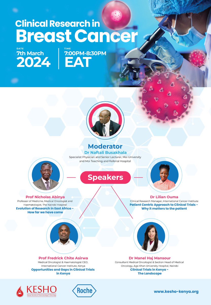 This Thursday 7th March 2024, virtually join Prof Nicholas Abinya, Dr Manel Haj Mansour, Prof Fred Chite and Dr Lilian Ouma as they discuss ‘Clinical Research in Breast Cancer’ Link: us02web.zoom.us/webinar/regist… Session starts at 7PM EAT. @ChiteDoc
