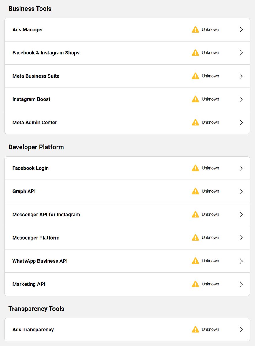 Amidst an ongoing disruption to Meta services, even the company's official status page is currently showing status "Unknown" across the board. Major outage incident.  #Metadown