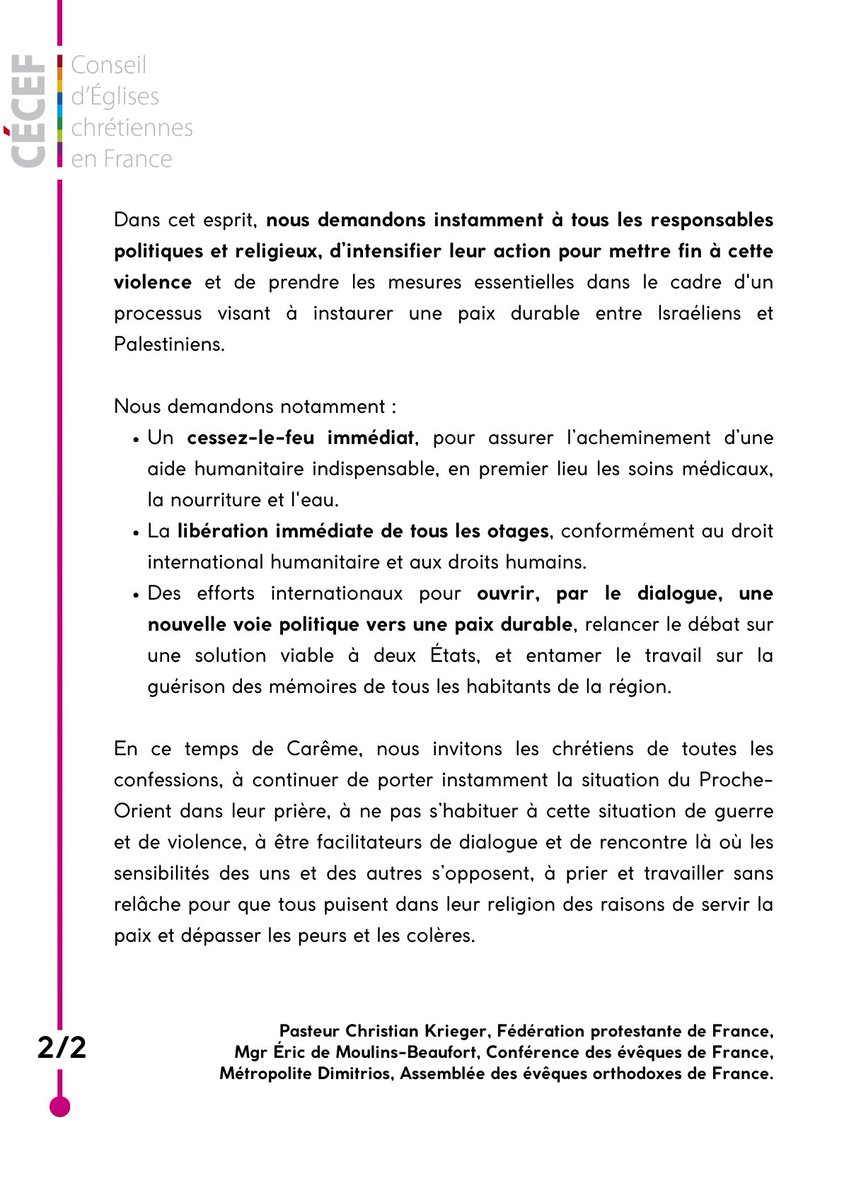 Situation à #Gaza : les responsables religieux chrétiens de France (#CECEF) appellent au cessez-le-feu et à la libération des otages👇
