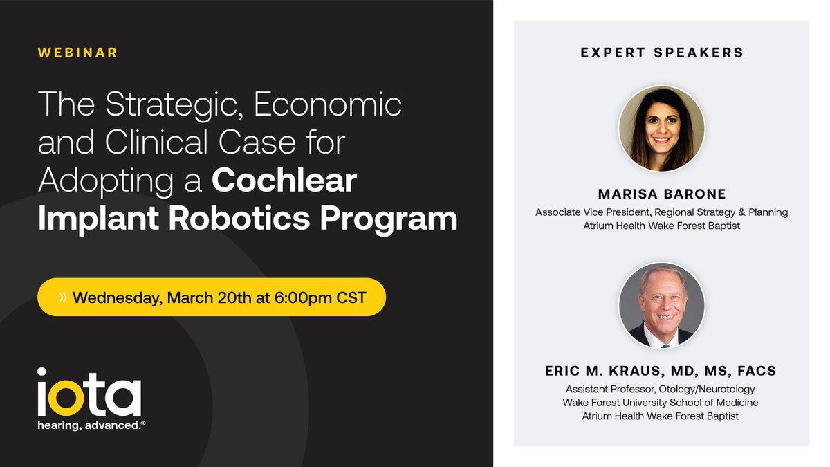 iotaMotion's tweet photo. Are you interested in understanding the impact of adopting robotics in your cochlear implant program? Register today for our webinar on March 20 at 6 pm CST to learn from the team at @AtriumHealthWFB: https://t.co/dTtYOblCtQ #RoboticsinCI https://t.co/KEwEfVTOm3