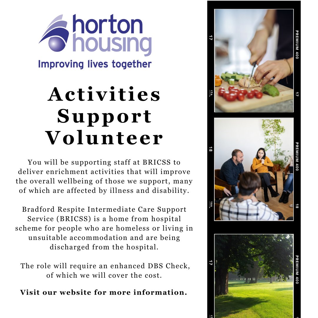 New #volunteering opportunity! Activities Support Volunteer You will assist with client activities, cook and eat sessions and admin duties. The role is based at BRICSS in #Bradford. For more information and to apply, visit the link below. hortonhousing.co.uk/volunteer/