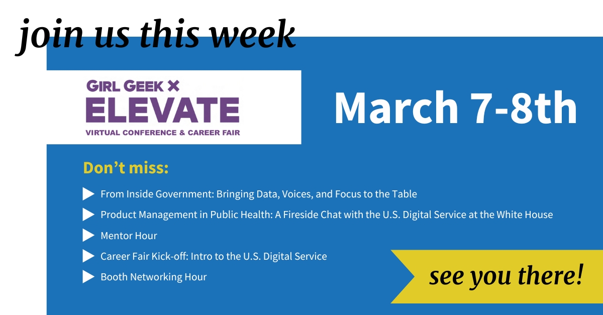 Join us at the Girl Geek X ELEVATE Virtual Conference on March 7-8th, featuring engaging and informative USDS talks & events. Check out the schedule at girlgeek.io/conferences/el…!

#CivicTech #WomenInTech #GovernmentJobs #CareerInsights #GirlGeekX #ElevateConference2024