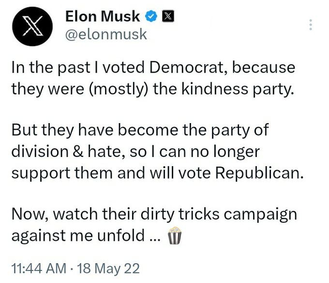 @elonmusk Elon is not voting Democrat any longer! He is no longer center left! 👇