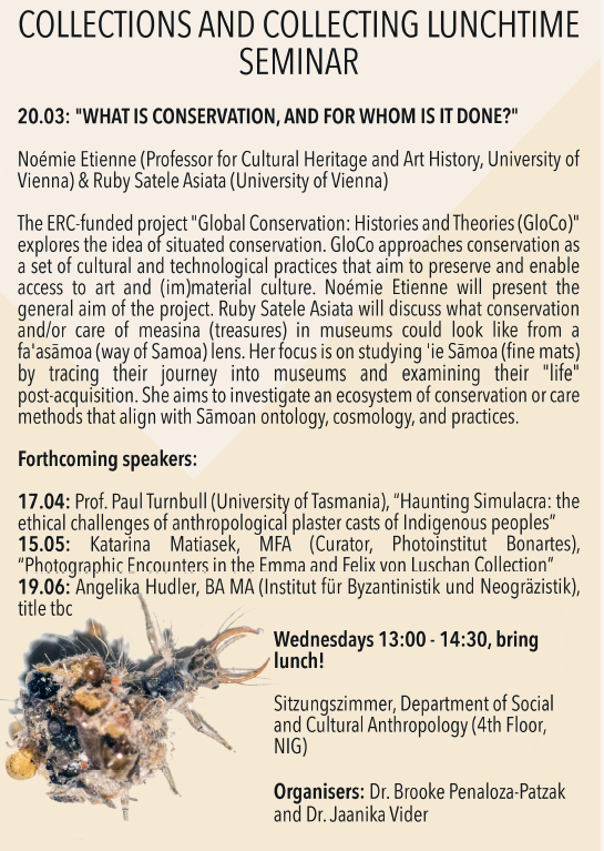 Noemietienne's tweet photo. What is conservation and for whom is it done? Please join Ruby Satele and myself @univienna in the 'Collections and Collecting' Seminar, March 20 #Gloco (org. B. Penaloza-Patzak and J. Vider) https://t.co/jeAVH1O8vy