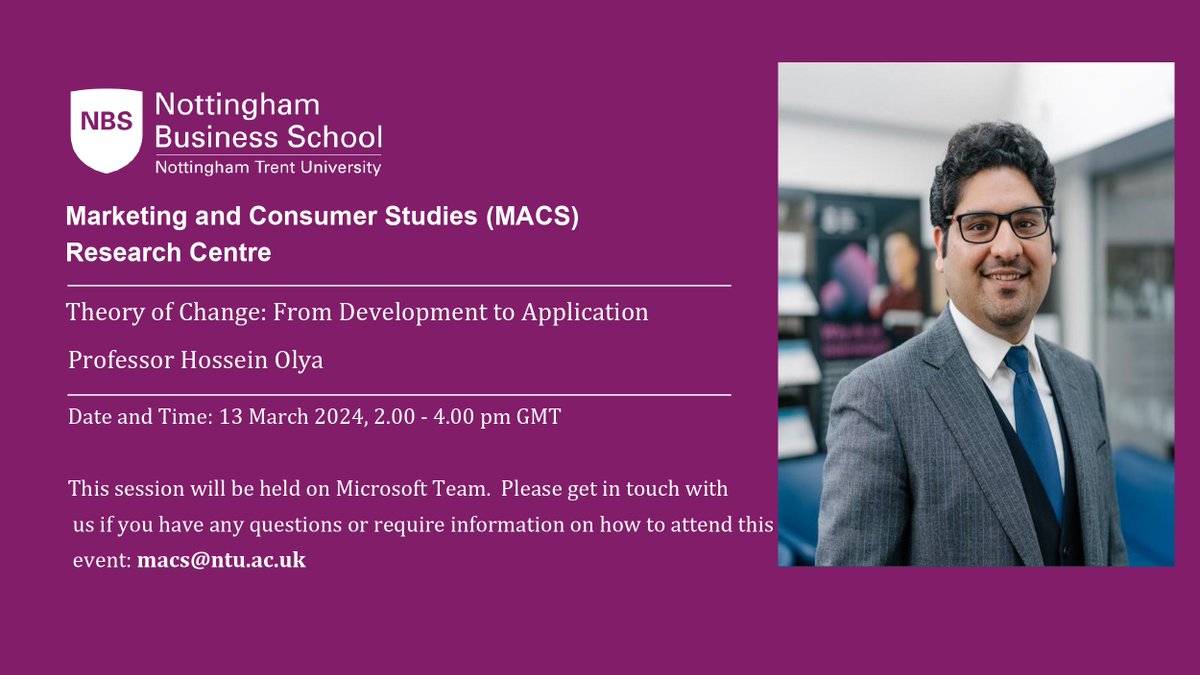 Marketing and Consumer Studies Research Centre (@mktresearchnbs) on Twitter photo It only a week away and we host Professor <a href="/HGTOlya/">Professor Hesam Olya</a> from <a href="/UoS_Management/">Sheffield University Management School</a> <a href="/sheffielduni/">The University of Sheffield</a> for our next #ResearchAssembly. Hossein’s online presentation is titled: "Theory of Change: From Development to Application". Register for this free event 👉
ntu.ac.uk/about-us/event… It only a week away and we host Professor <a href="/HGTOlya/">Professor Hesam Olya</a> from <a href="/UoS_Management/">Sheffield University Management School</a> <a href="/sheffielduni/">The University of Sheffield</a> for our next #ResearchAssembly. Hossein’s online presentation is titled: "Theory of Change: From Development to Application". Register for this free event 👉
ntu.ac.uk/about-us/event…