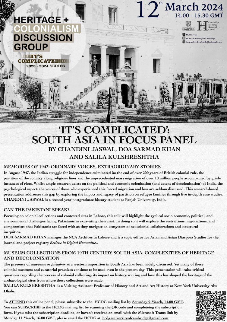 🚨Last #HCDG talk of the term: Tuesday, 12th March @ 2-3:30pm. We’re excited to host a panel discussion on ‘It’s Complicated: South Asia in Focus’ by Chandini Jaswal, Doa Sarmad Khan, and Salila Kulshreshtha. 👉For attendance instructions see ⬇️