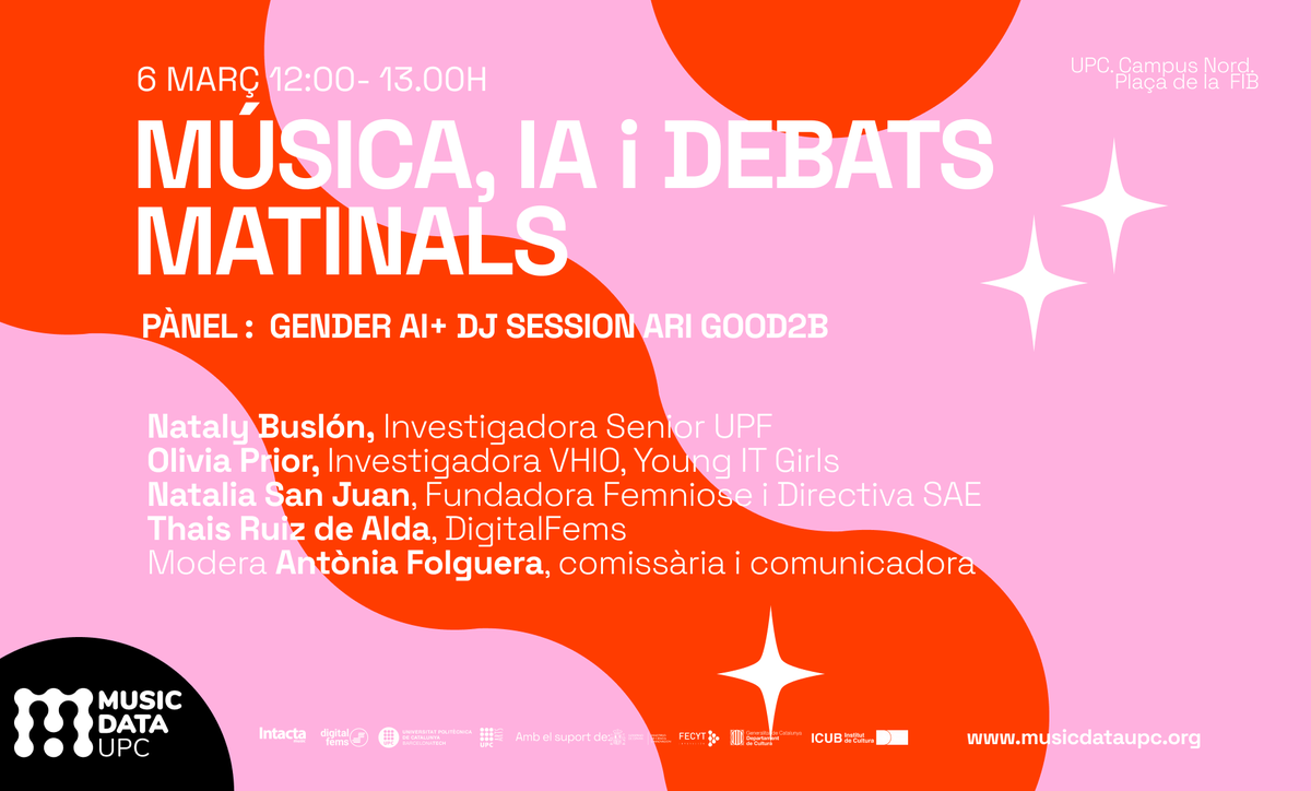 DigitalFems's tweet photo. 💫 GenderAI o Intel·ligència Artificial amb perspectiva de gènere
🗓️ 6M 12:00-14:00. Plaça de la FIB
Uneix-te a aquest acte de REIVINDICACIÓ pel #8M a @la_UPC
🔍Què és #GenderAI i per què és important? #MusicDataUPC
Obrim🧵
+info a https://t.co/R3BduyW8bq https://t.co/HBFC49rNb9