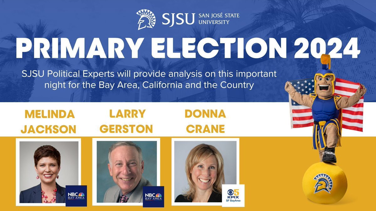 It’s #SuperTuesday! Tune in tonight on Bay Area TV for insights and analysis from three #SJSU political science experts. 

Professors Melinda Jackson and Larry Gerston join <a href="/nbcbayarea/">NBC Bay Area</a> buff.ly/2pmOD8C, and catch Donna Crane on <a href="/KPIXtv/">CBS News Bay Area</a> buff.ly/3P7F49T
<a href="/sjsucoss/">SJSU College of Social Sciences</a>