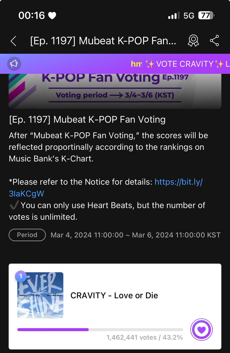 seongminshoong's tweet photo. LUVITYS!

It’s time for us to collect more hearts and vote! let’s make this no. 1!

LOVE OR DIE FIRST WIN
#CRAVITY4thWin
#LoveOrDie1stWin

🔗 [Ep. 1197] Mubeat K-POP Fan Voting  https://t.co/U1IjV7lZ4T https://t.co/jHS4HQXj8r