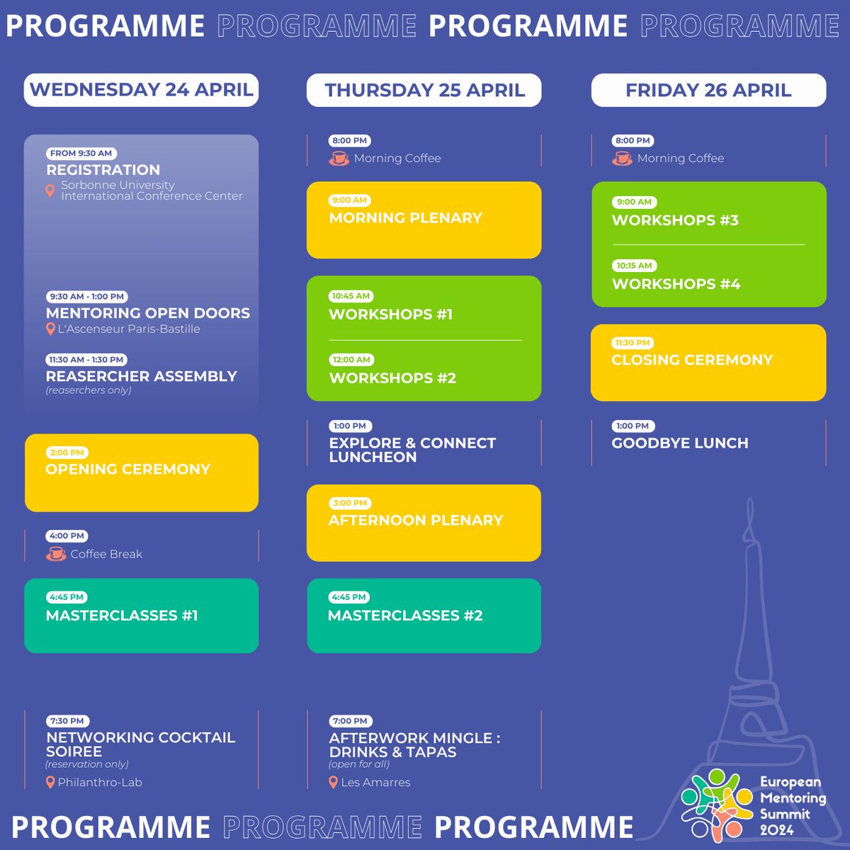 ⏳ 5️⃣0️⃣days left before the #EMS2024

Discover the timetable for this 5th edition of Europe's biggest mentoring event.

🧐 Find out more about this programme on mentoringsummit.eu/agenda-2024/