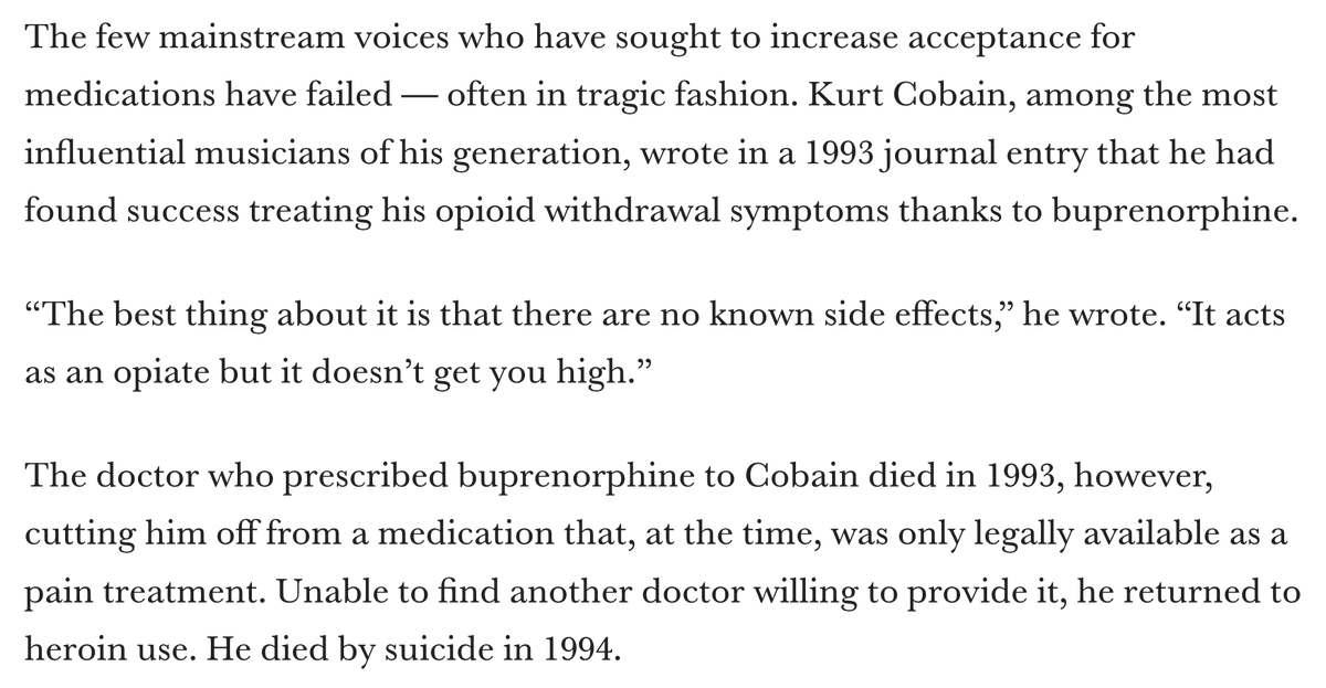 Had no idea that Kurt Cobain returned to using heroin before his death because he could no longer get buprenorphine, a medication that treats opioid addiction. Must-read project: statnews.com/2024/03/05/opi…